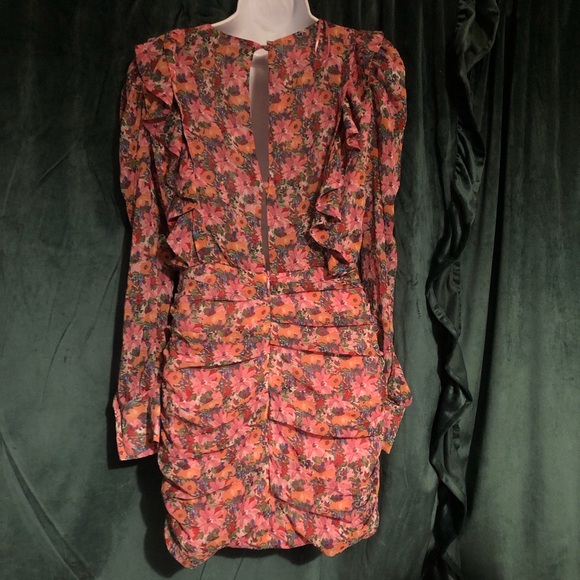 Zara floral ruched mini dress with ruffles and sheer balloon long sleeves - Picture 3 of 4